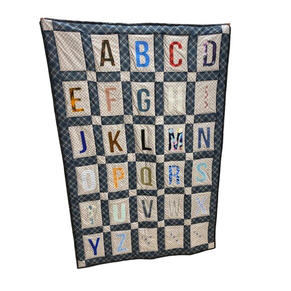 NEW Handmade Alphabet Quilt Blanket 36" X 54” Multicolor Letters Plaid Gingham S - Picture 1 of 4
